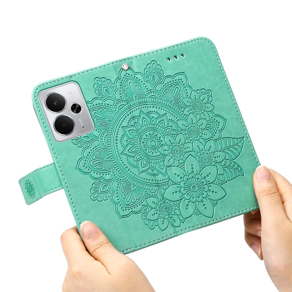 Floral knížkové pouzdro na Realme 14 5G - modrozelené