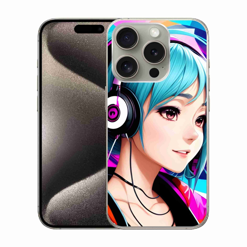 Gelový kryt mmCase na iPhone 15 Pro - dívka se sluchátky