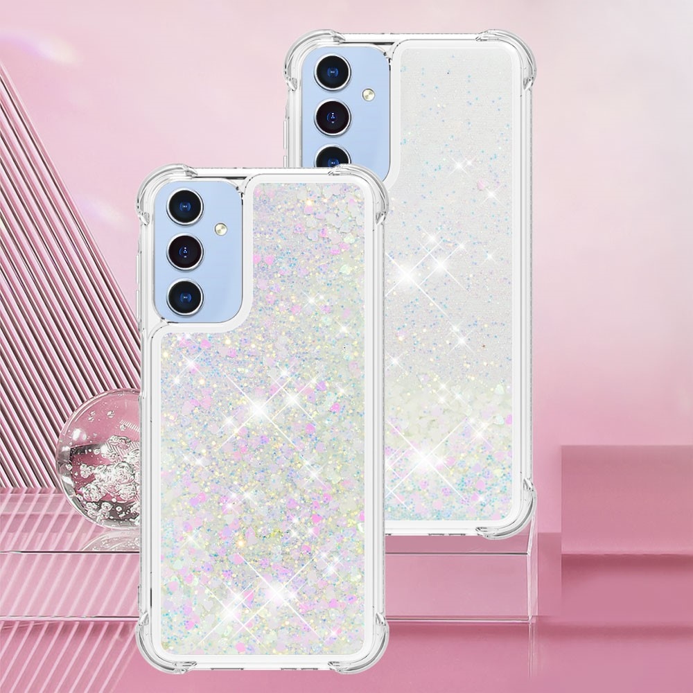 Glitter přesýpací gelový obal na Samsung Galaxy A26 5G - růžovostříbrný/srdíčka
