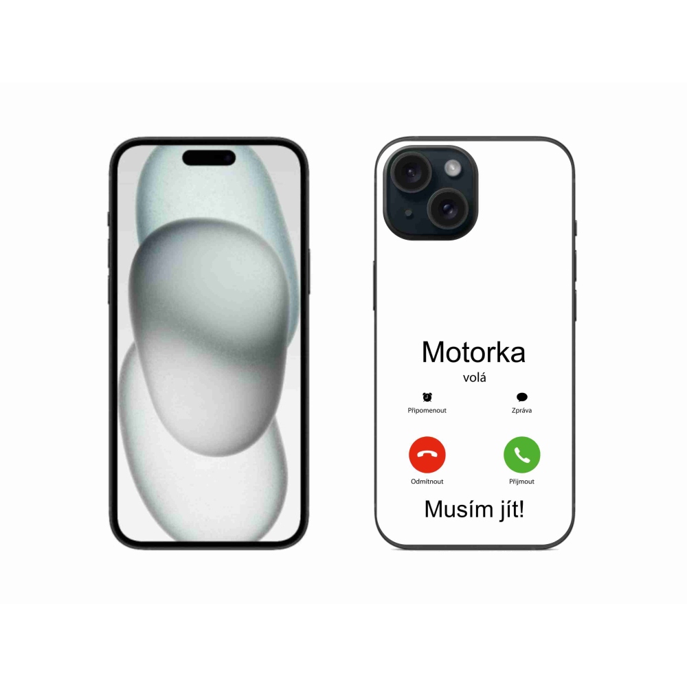 Gelový kryt mmCase na iPhone 15 - motorka volá bílé pozadí