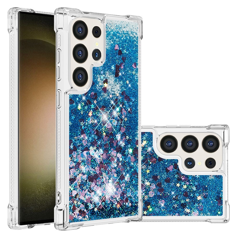 Glitter přesýpací gelový obal na Samsung Galaxy S24 Ultra - modrý/srdíčka