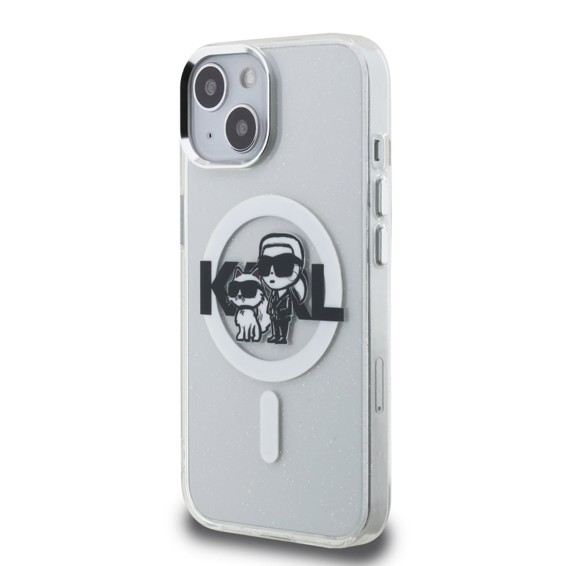 Karl Lagerfeld IML Glitter Karl and Choupette Sketch MagSafe Zadní Kryt pro iPhone 15 Transparent