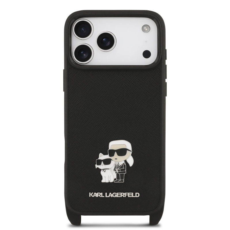 Karl Lagerfeld Saffiano Crossbody Popruh Metal Karl and Choupette Zadní Kryt pro iPhone 17 Pro Max Black