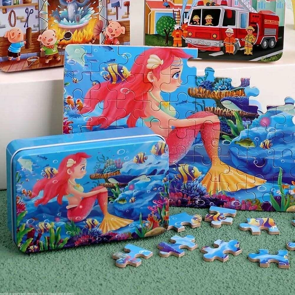 Dřevěné puzzle v kovové krabičce 60 dílků  - mořská panna 