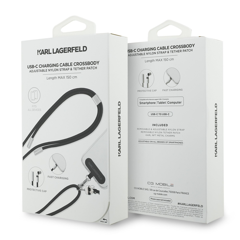 Karl Lagerfeld Ikonik Charm Popruh s Integrovaným Nabíjecím Kabelem USB-C/USB-C Black