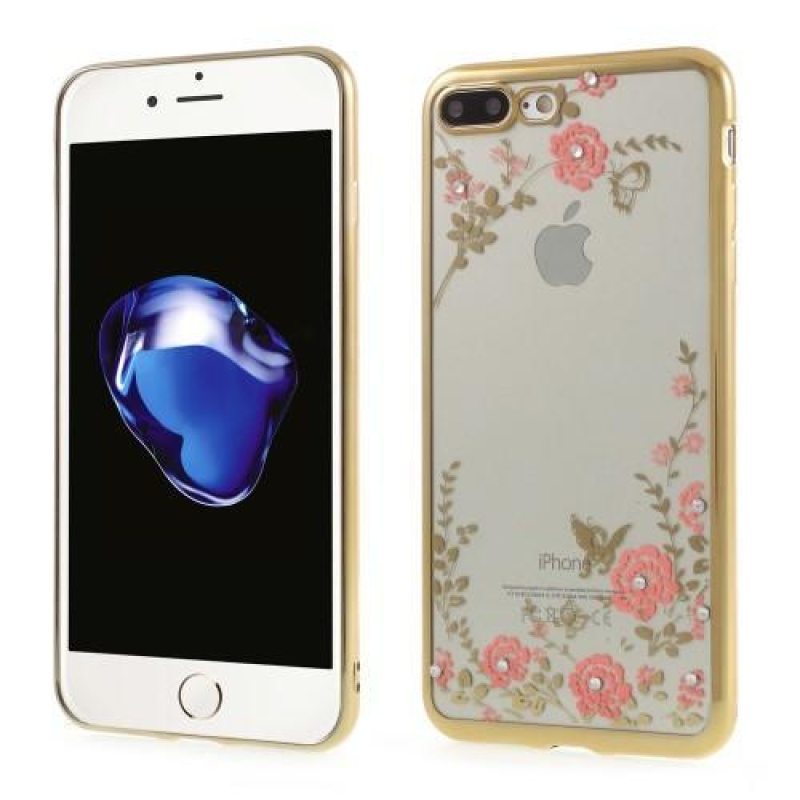 Rhine gelový obal s krystaly na iPhone 7 Plus a iPhone 8 Plus - zlatý/ růžové květy
