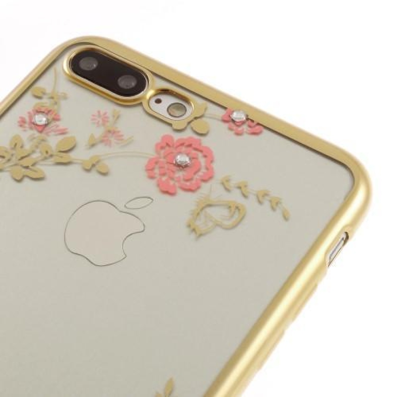 Rhine gelový obal s krystaly na iPhone 7 Plus a iPhone 8 Plus - zlatý/ růžové květy