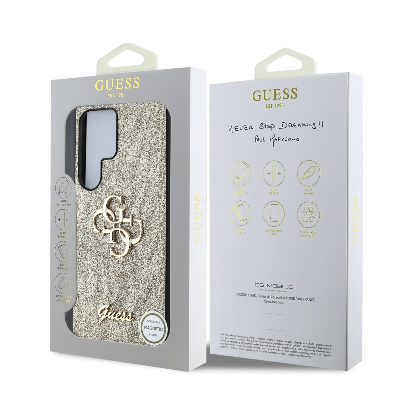 Guess PU Fixed Glitter 4G Metal Logo Zadní Kryt pro Samsung Galaxy S25 Ultra Gold