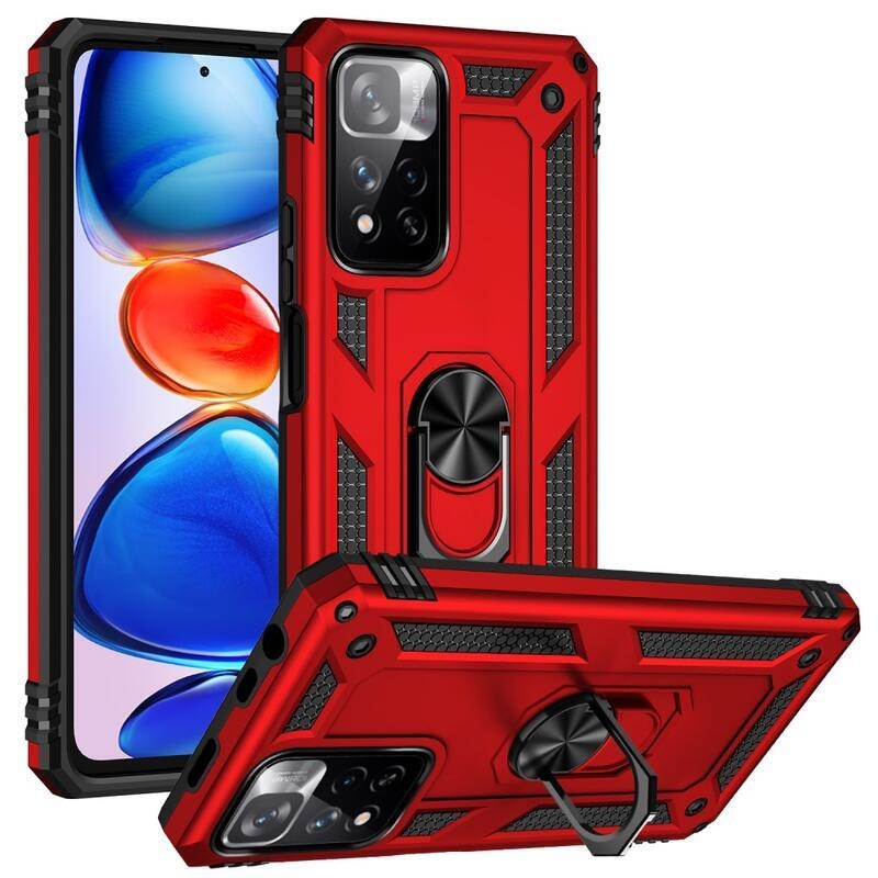 Ring odolný hybridní kryt s úchopem na prst na mobil Xiaomi Redmi Note 11 Pro+ 5G - červený
