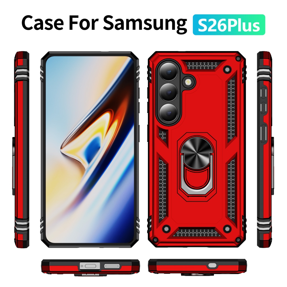 Ring odolný hybridní kryt s úchytem na prst na Samsung Galaxy S26+ - červený