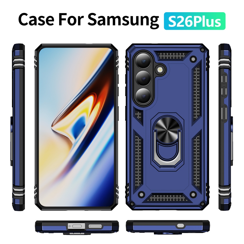 Ring odolný hybridní kryt s úchytem na prst na Samsung Galaxy S26+ - modrý