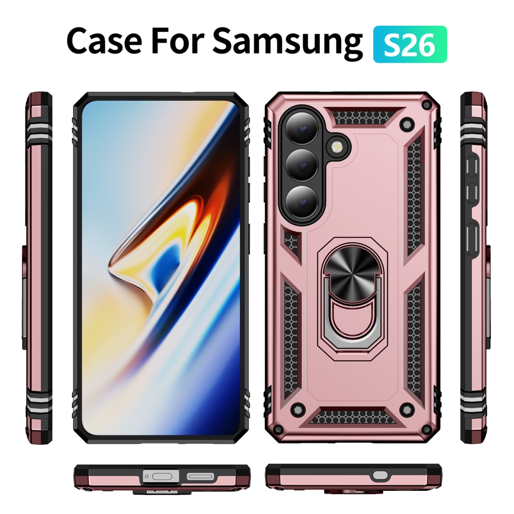 Ring odolný hybridní kryt s úchytem na prst na Samsung Galaxy S26 - růžovozlatý