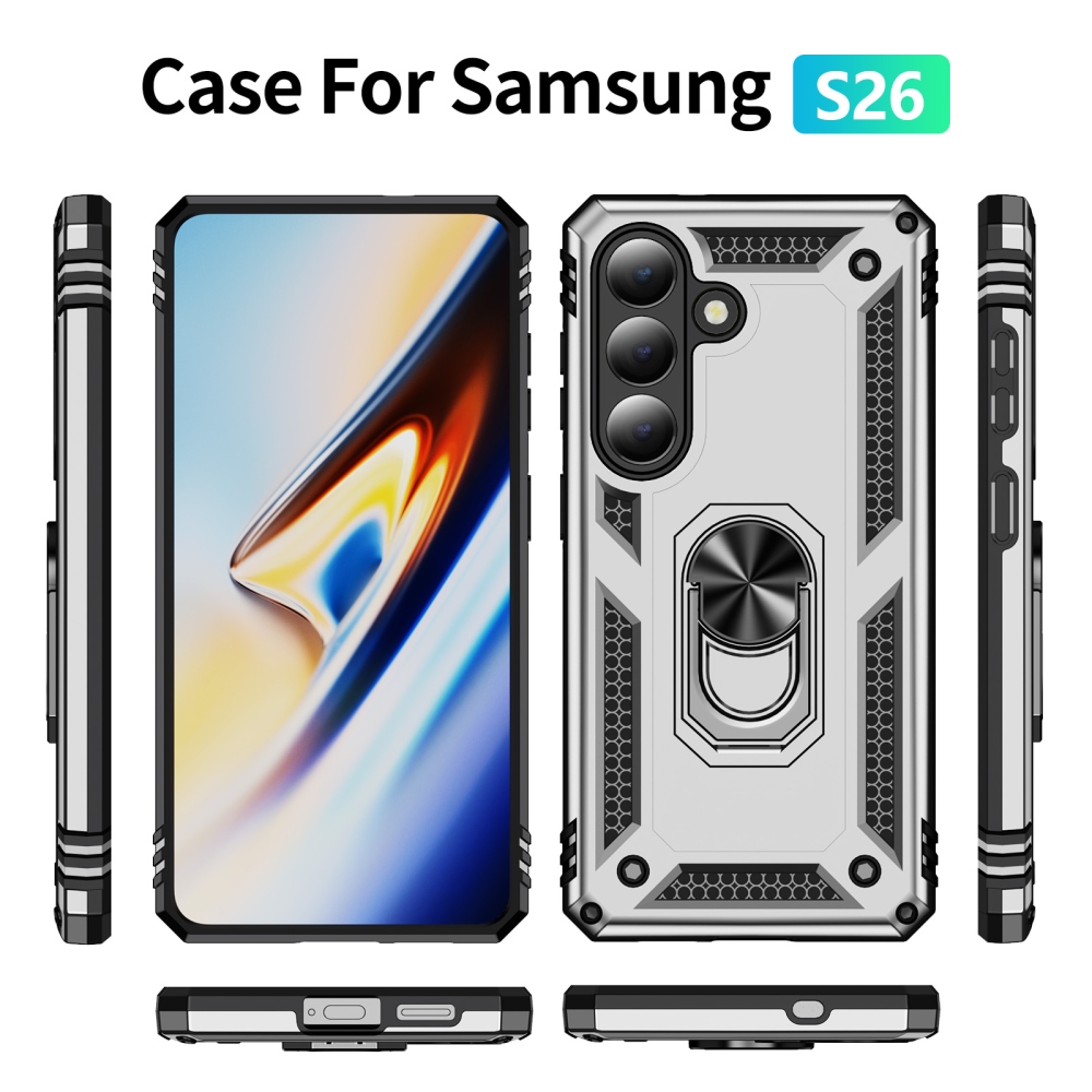 Ring odolný hybridní kryt s úchytem na prst na Samsung Galaxy S26 - stříbrný