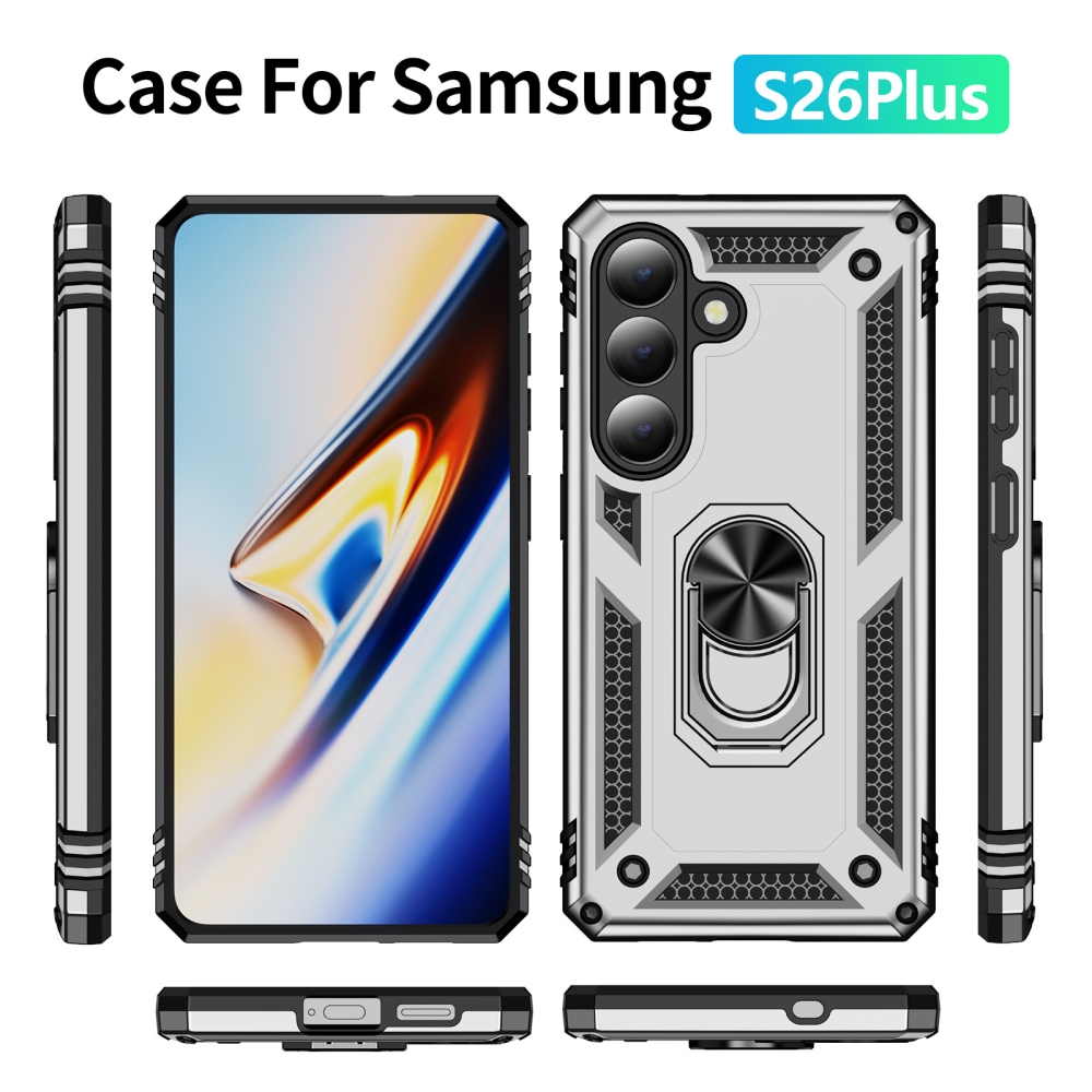 Ring odolný hybridní kryt s úchytem na prst na Samsung Galaxy S26+ - stříbrný