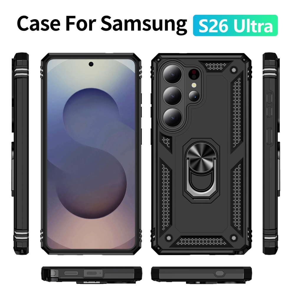 Ring odolný hybridní kryt s úchytem na prst na Samsung Galaxy S26 Ultra - černý