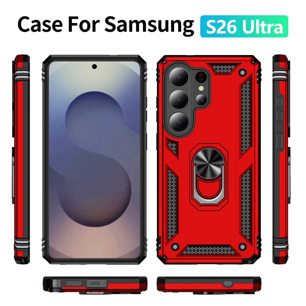 Ring odolný hybridní kryt s úchytem na prst na Samsung Galaxy S26 Ultra - červený