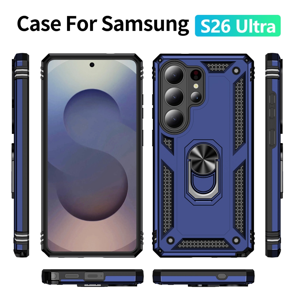 Ring odolný hybridní kryt s úchytem na prst na Samsung Galaxy S26 Ultra - modrý