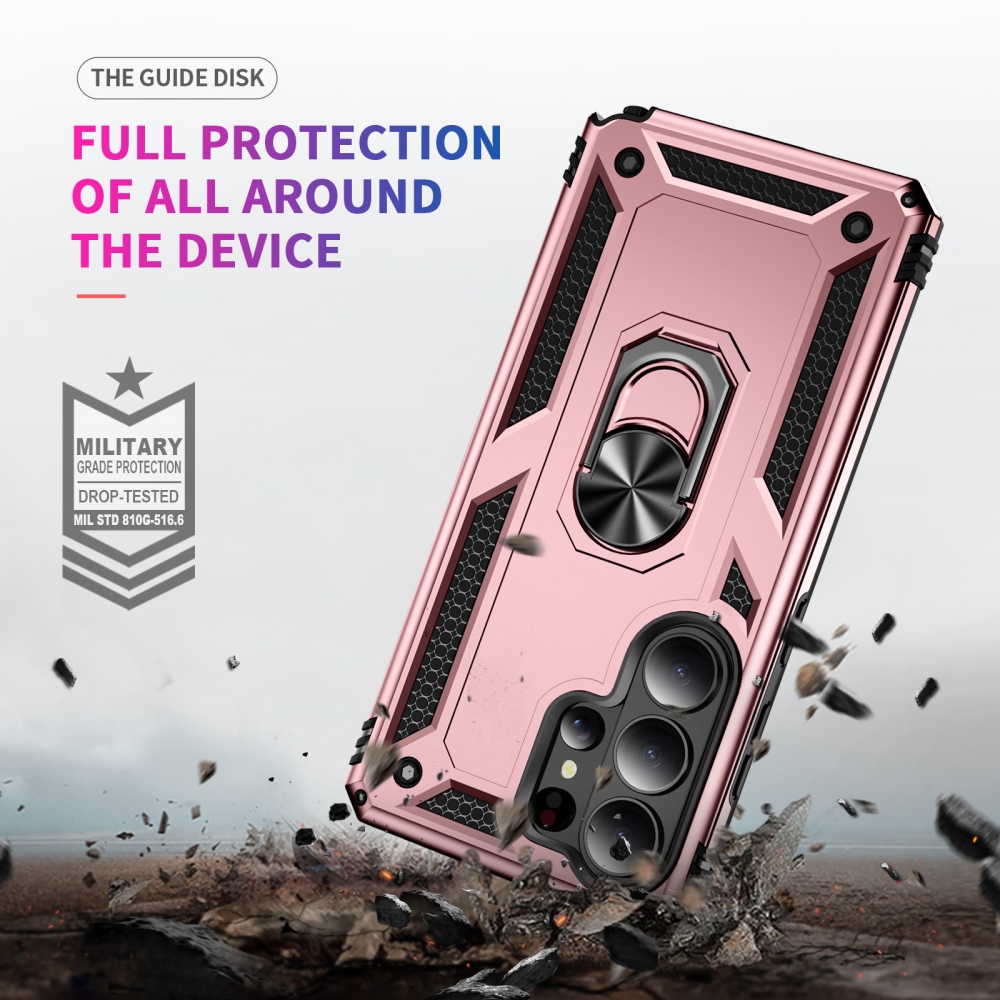 Ring odolný hybridní kryt s úchytem na prst na Samsung Galaxy S26 Ultra - růžovozlatý