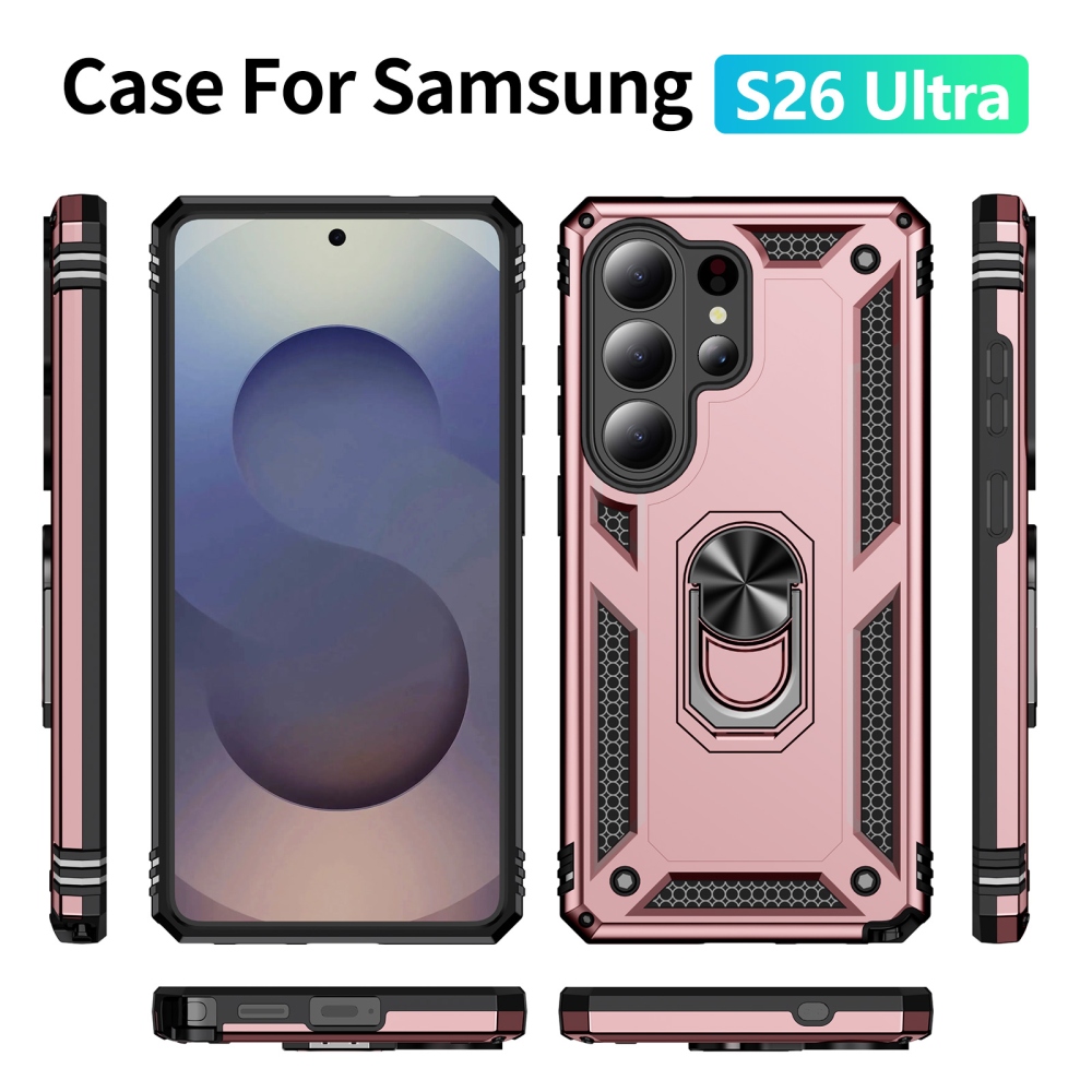 Ring odolný hybridní kryt s úchytem na prst na Samsung Galaxy S26 Ultra - růžovozlatý