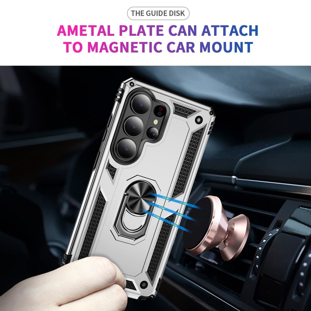 Ring odolný hybridní kryt s úchytem na prst na Samsung Galaxy S26 Ultra - stříbrný