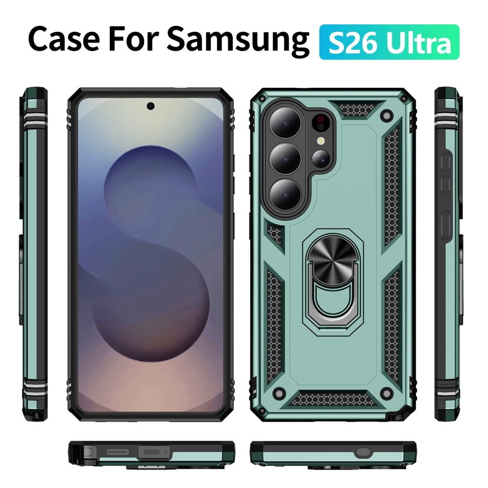 Ring odolný hybridní kryt s úchytem na prst na Samsung Galaxy S26 Ultra - zelený
