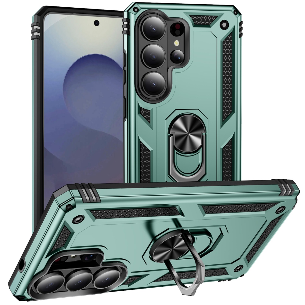 Ring odolný hybridní kryt s úchytem na prst na Samsung Galaxy S26 Ultra - zelený