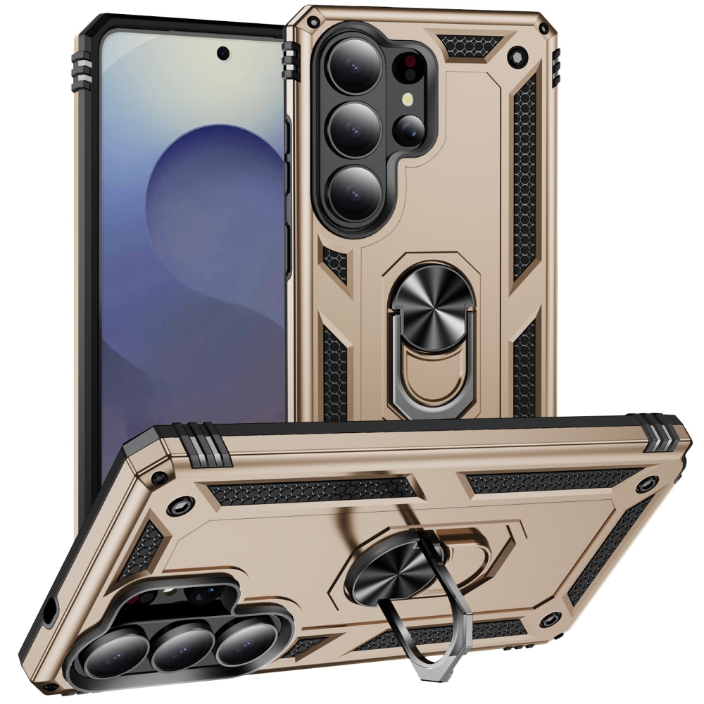 Ring odolný hybridní kryt s úchytem na prst na Samsung Galaxy S26 Ultra - zlatý
