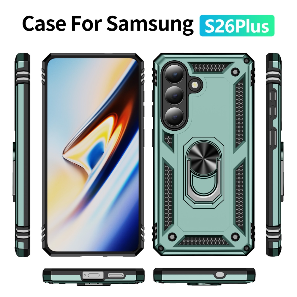 Ring odolný hybridní kryt s úchytem na prst na Samsung Galaxy S26+ - zelený