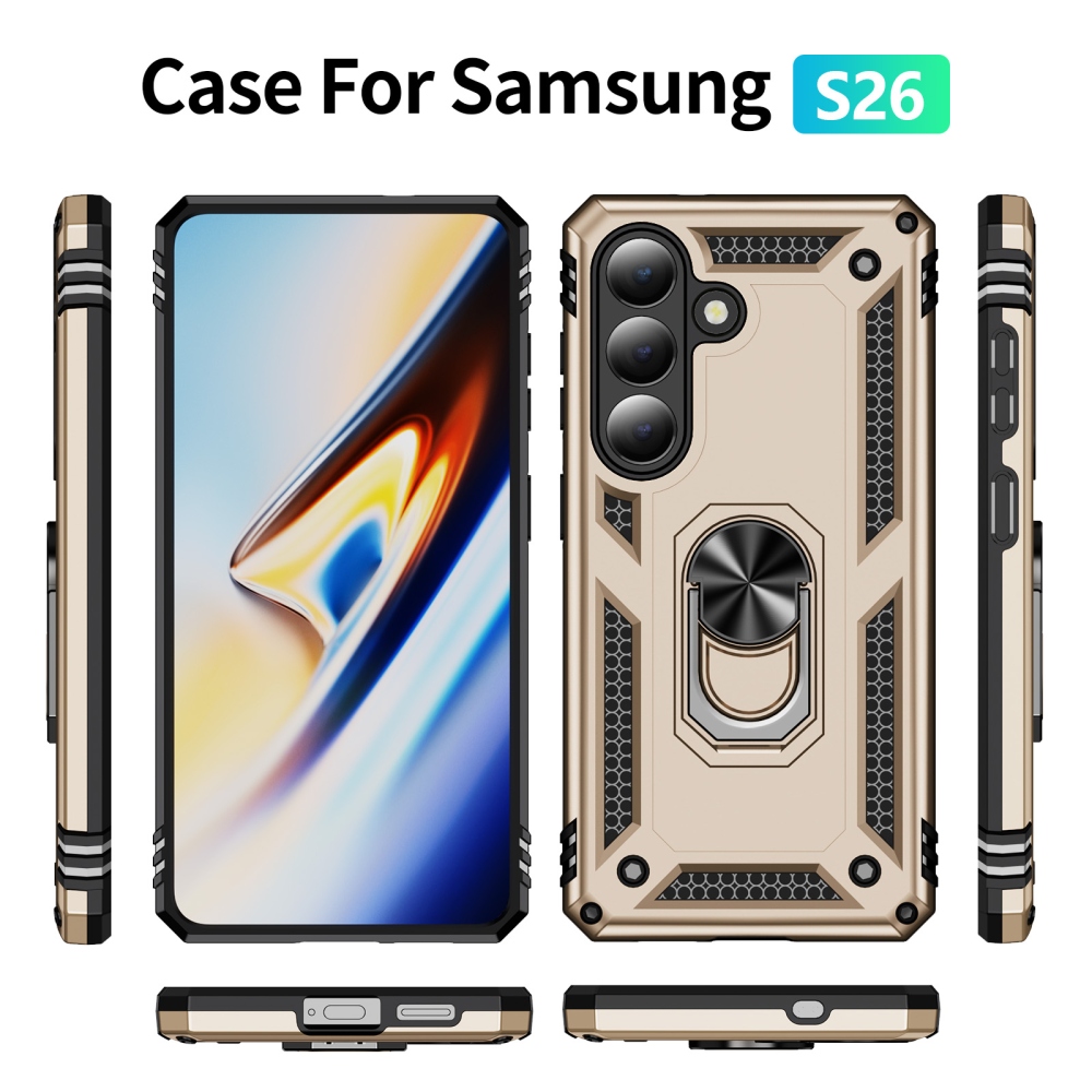 Ring odolný hybridní kryt s úchytem na prst na Samsung Galaxy S26 - zlatý