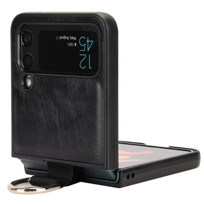 Ring plastový kryt potažený PU kůží s poutkem na mobil Samsung Galaxy Z Flip4 5G - černý