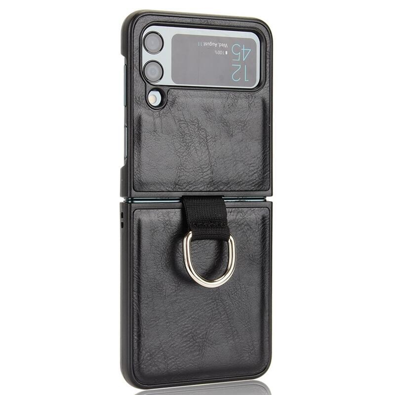 Ring plastový kryt potažený PU kůží s poutkem na mobil Samsung Galaxy Z Flip4 5G - černý