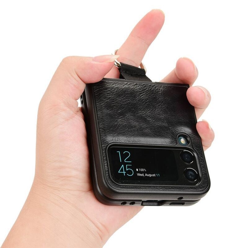 Ring plastový kryt potažený PU kůží s poutkem na mobil Samsung Galaxy Z Flip4 5G - černý