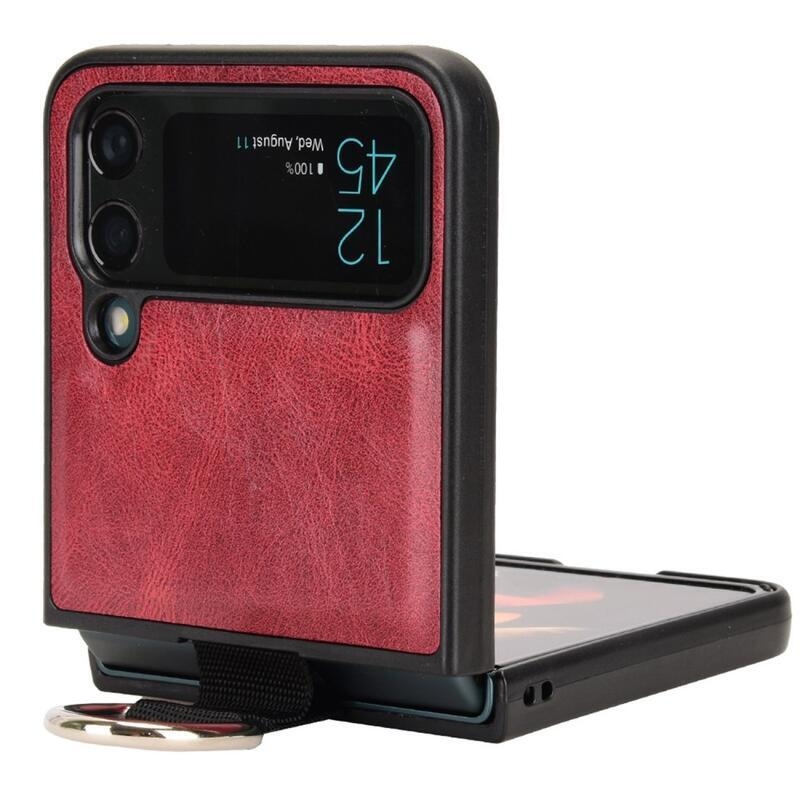 Ring plastový kryt potažený PU kůží s poutkem na mobil Samsung Galaxy Z Flip4 5G - červený