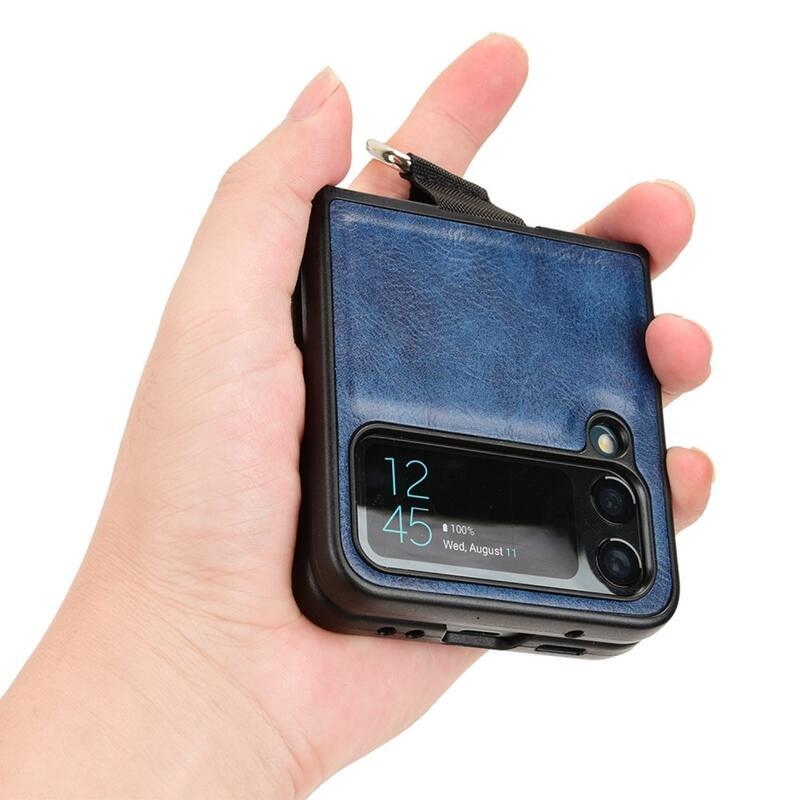 Ring plastový kryt potažený PU kůží s poutkem na mobil Samsung Galaxy Z Flip4 5G - modrý