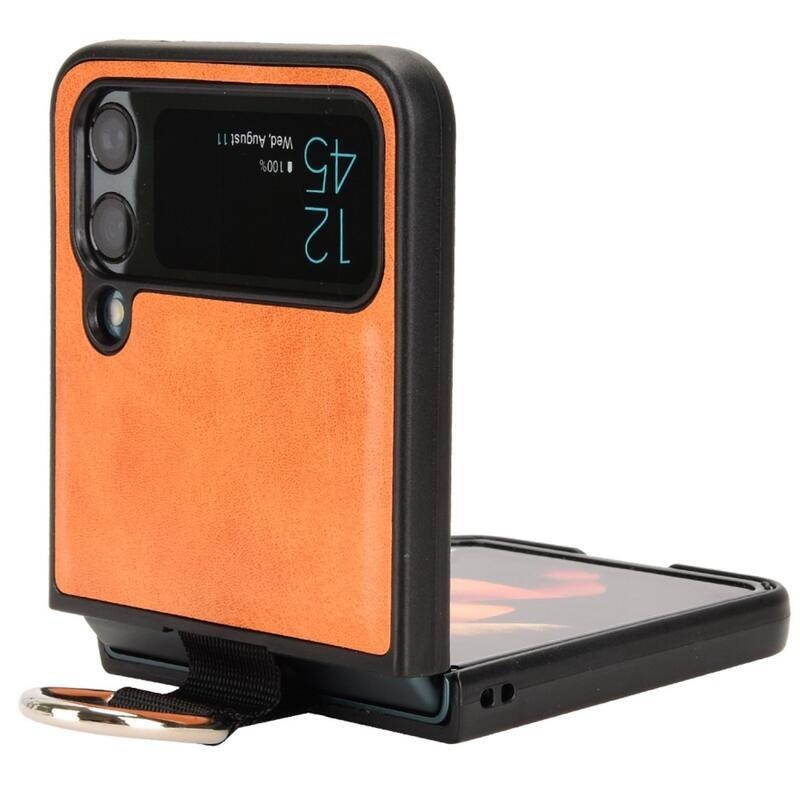 Ring plastový kryt potažený PU kůží s poutkem na mobil Samsung Galaxy Z Flip4 5G - oranžový