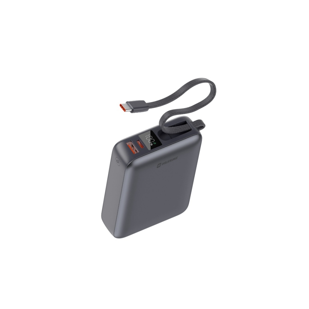 Powerbanka Swissten s integrovaným kabelem USB-C, 45W 20000 mAh - stříbrná