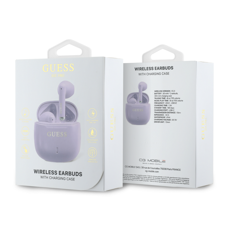 Guess Printed Classic Logo TWS Bezdrátová Sluchátka Purple
