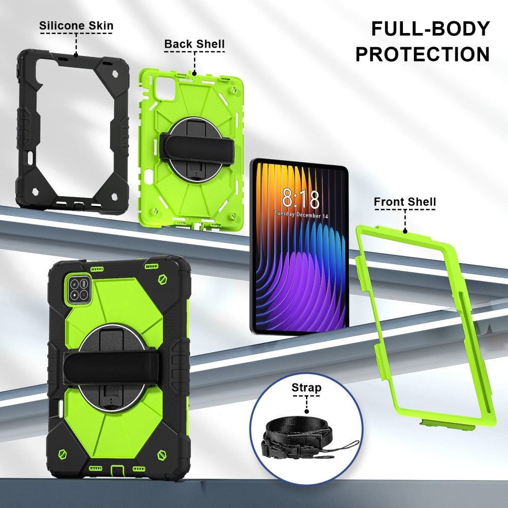 Strap odolný kryt s držákem na ruku a ramenním popruhem na Xiaomi Pad 7/7 Pro - černý/zelený