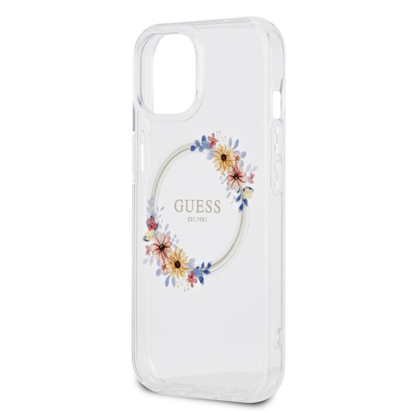 Guess PC/TPU Flowers Ring Glossy Logo MagSafe Zadní Kryt pro iPhone 15 Plus Transparent