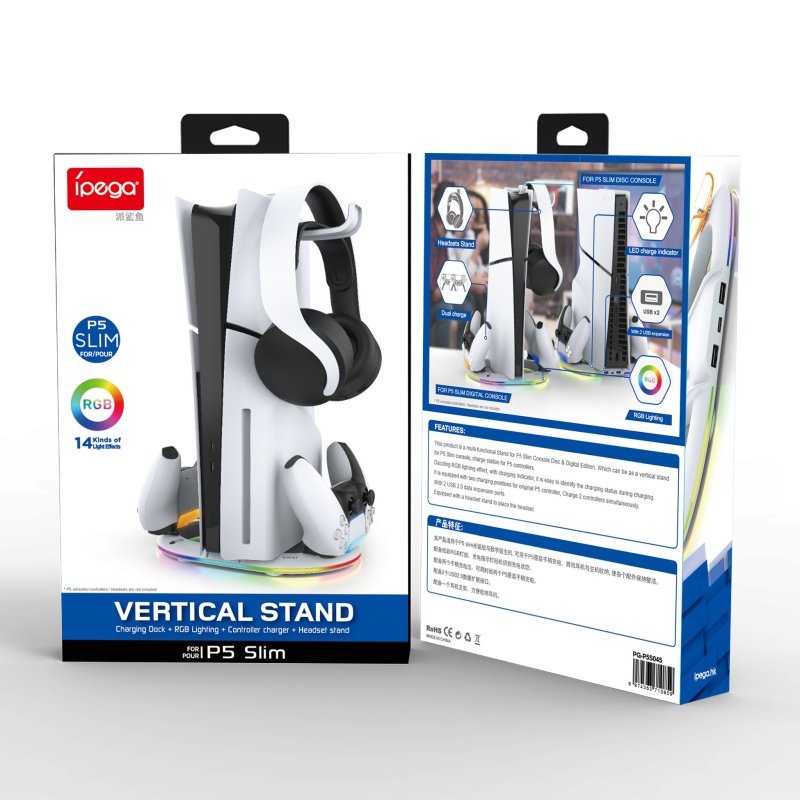 iPega P5S045 Vertikální Nabíjecí Stojan s RGB pro PS5/PS5 Slim White