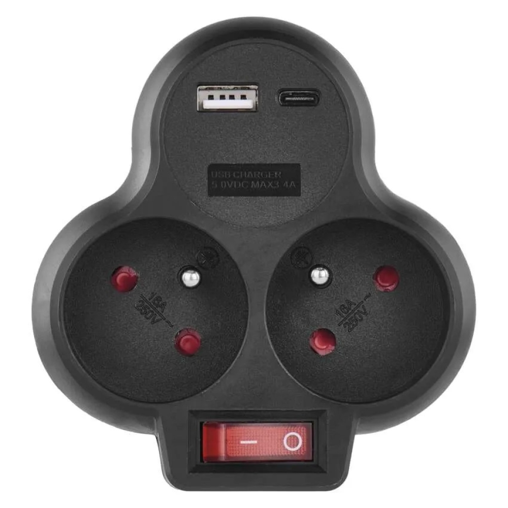 Rozbočovací zásuvka 2×, vyp., 1×USB-A+1×USB-C - černá