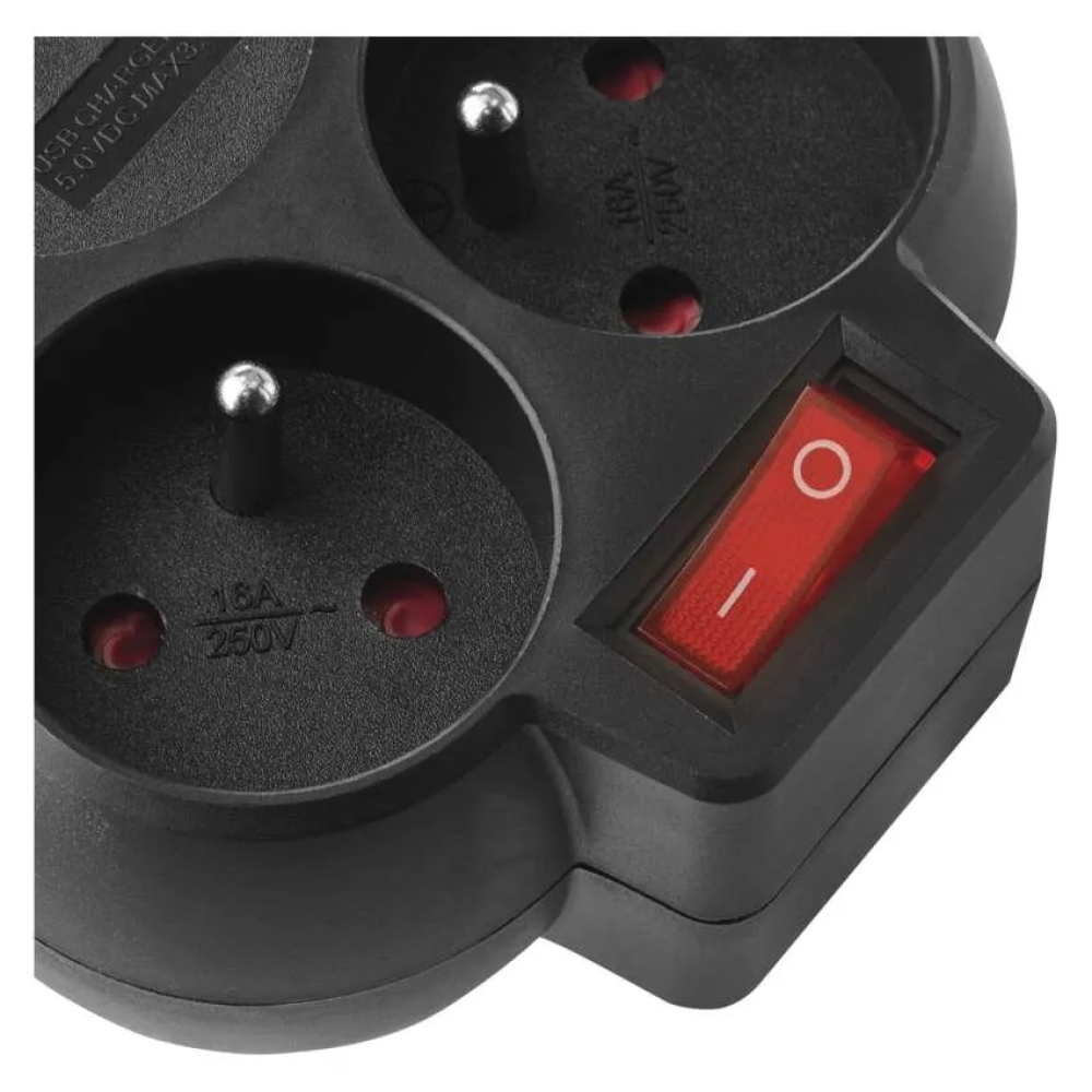 Rozbočovací zásuvka 2×, vyp., 1×USB-A+1×USB-C - černá