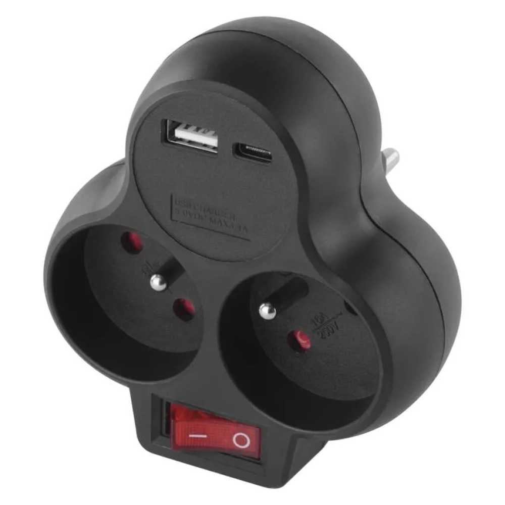 Rozbočovací zásuvka 2×, vyp., 1×USB-A+1×USB-C - černá