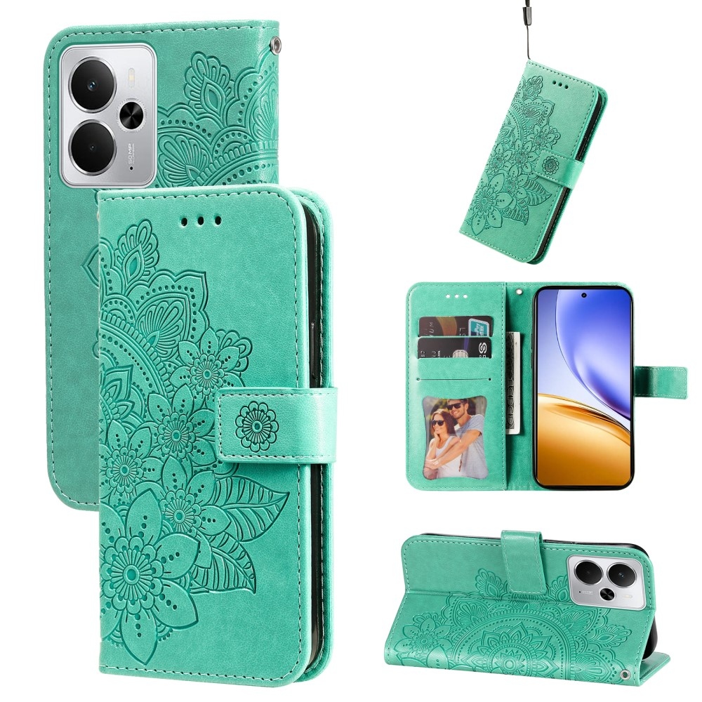 Floral knížkové pouzdro na Realme 14 5G - modrozelené