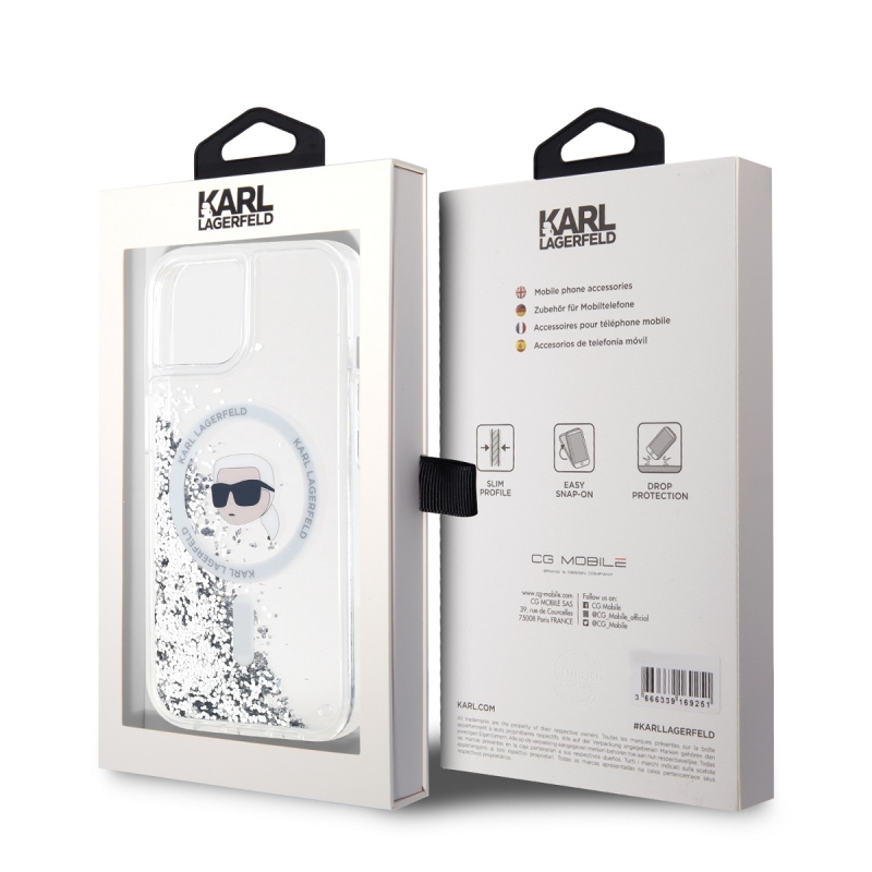 Karl Lagerfeld Liquid Glitter Karl Head Magsafe Zadní Kryt pro iPhone 15 Transparent
