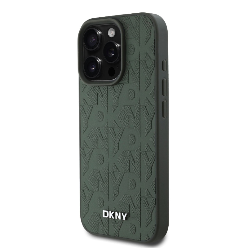DKNY PU Leather Grid Pattern Magsafe Zadní Kryt pro iPhone 16 Pro Green