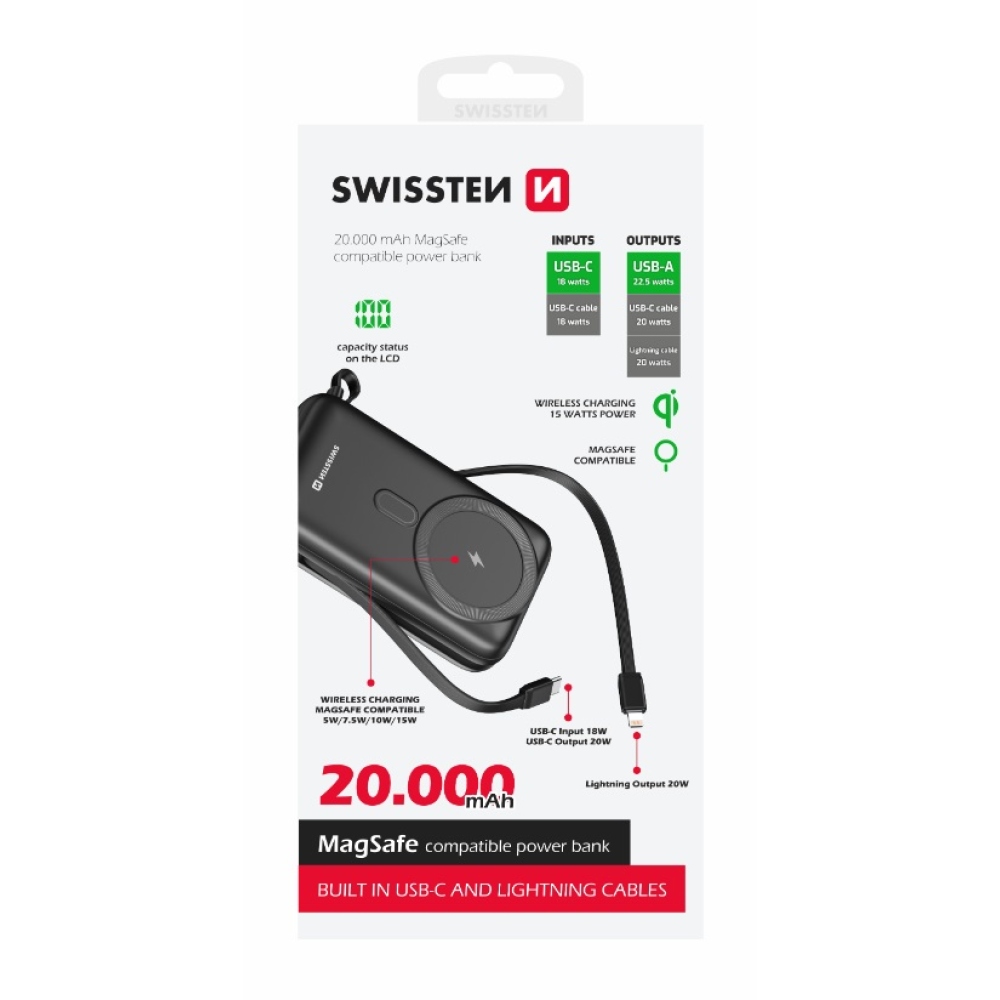 Swissten Powerbank PD 20000 mAh 20W s integrovanými kabely USB-C a lightning (kompatibilní s MagSafe)