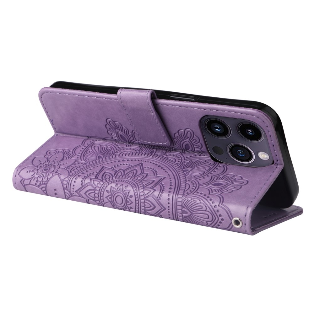 Mandala knížkové pouzdro na iPhone 15 Pro - fialové