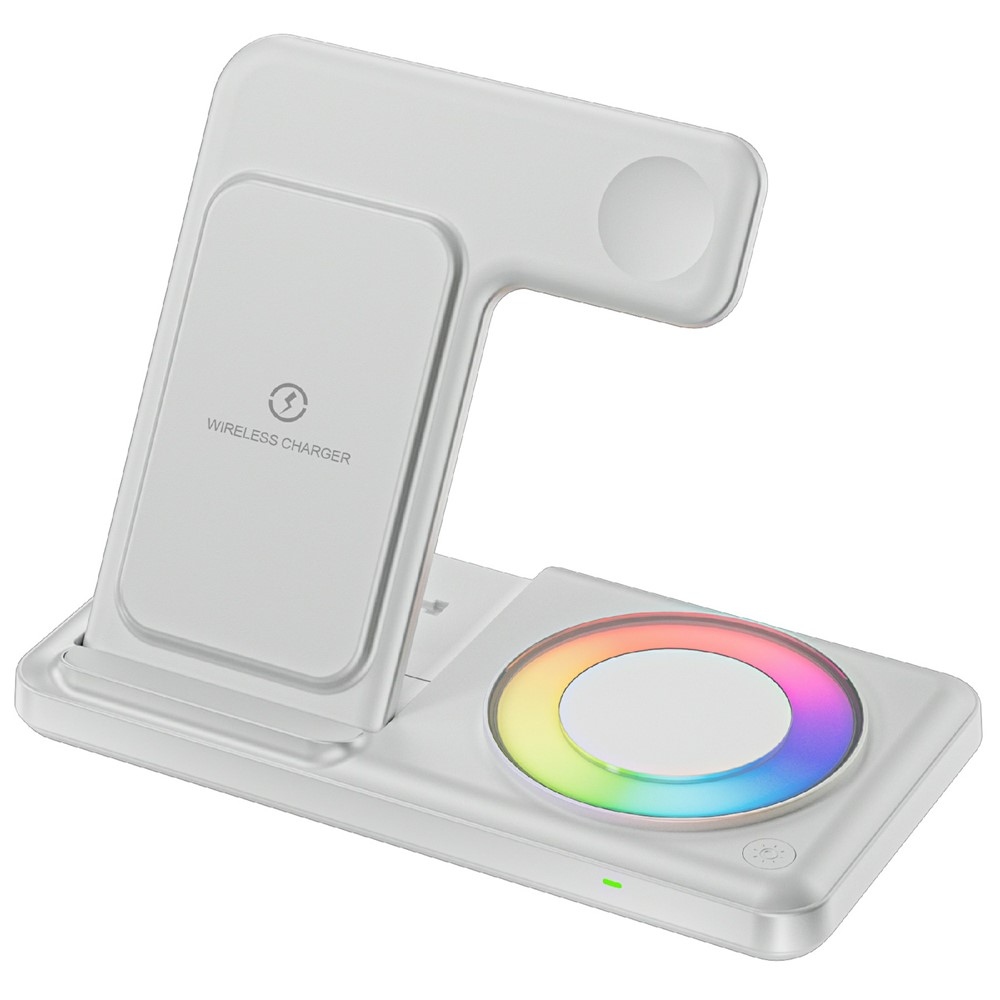 Q50D skládací bezdrátová nabíjecí stanice 4v1 15W s RGB podsvícením - bílá