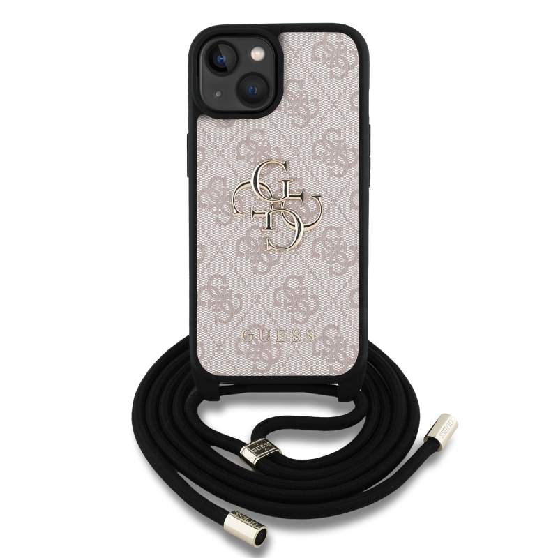 Guess PU 4G Metal Logo Crossbody Popruh Zadní Kryt pro iPhone 15 Pink
